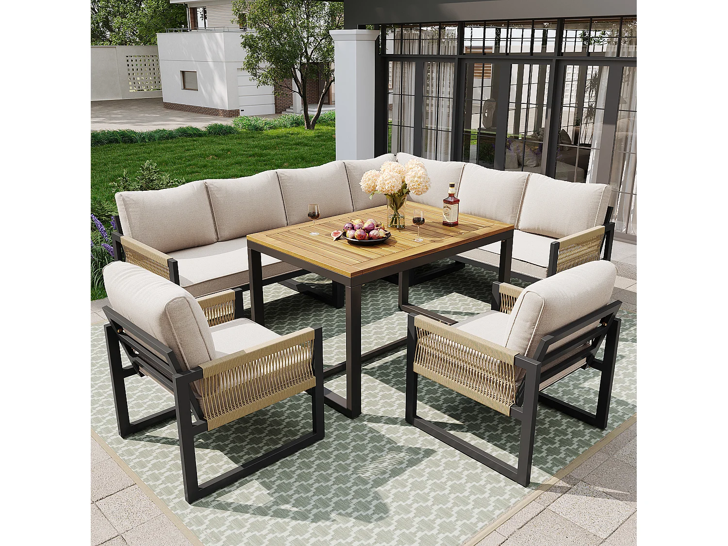 Zestaw mebli ogrodowych metalowych modułowych: 1 narożnik 4-osobowy + 4 fotele + 1 stolik kawowy - Beżowy