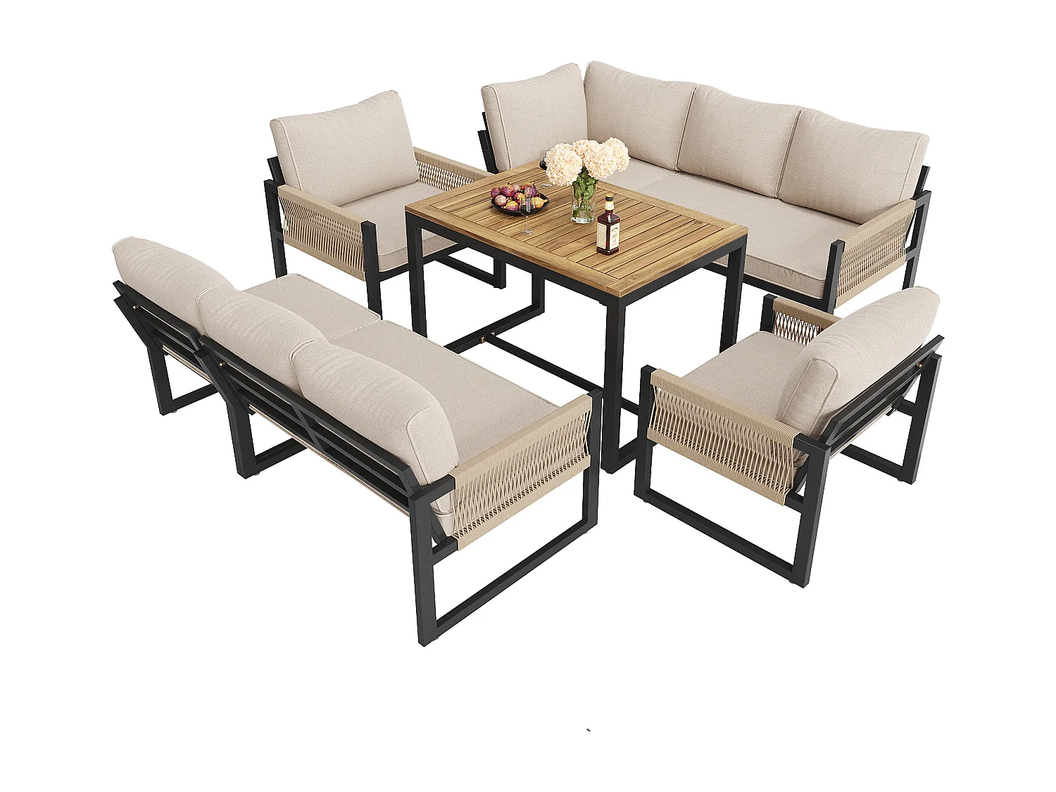 Zestaw mebli ogrodowych metalowych modułowych: 1 narożnik 4-osobowy + 4 fotele + 1 stolik kawowy - Beżowy
