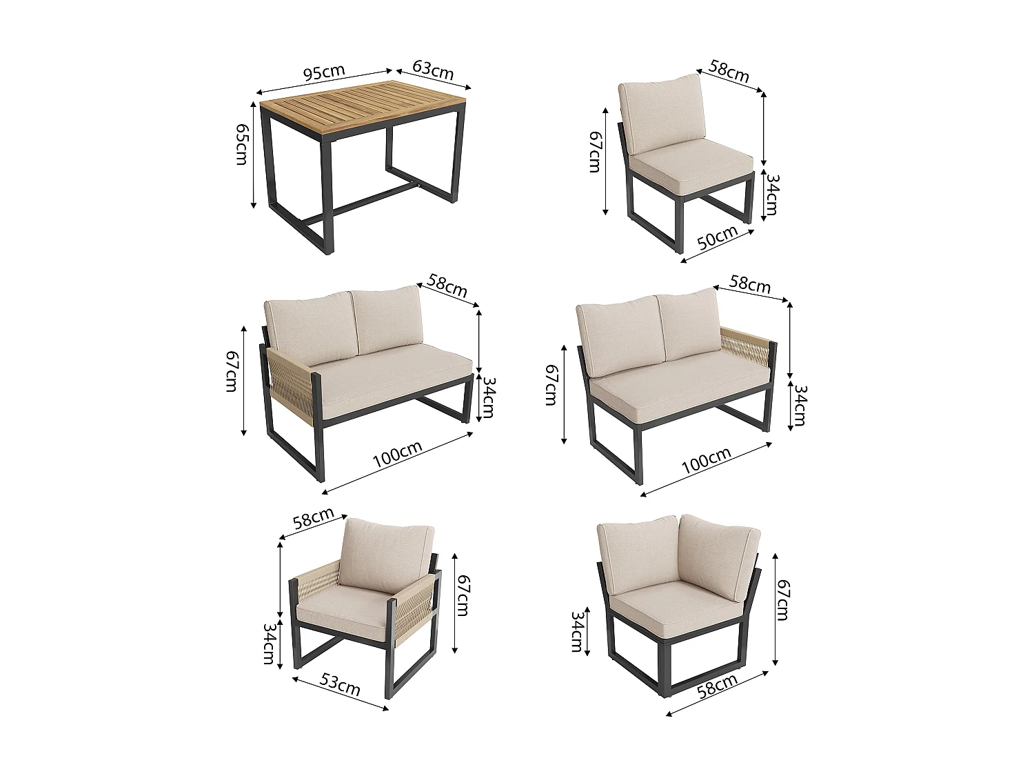 Zestaw mebli ogrodowych metalowych modułowych: 1 narożnik 4-osobowy + 4 fotele + 1 stolik kawowy - Beżowy