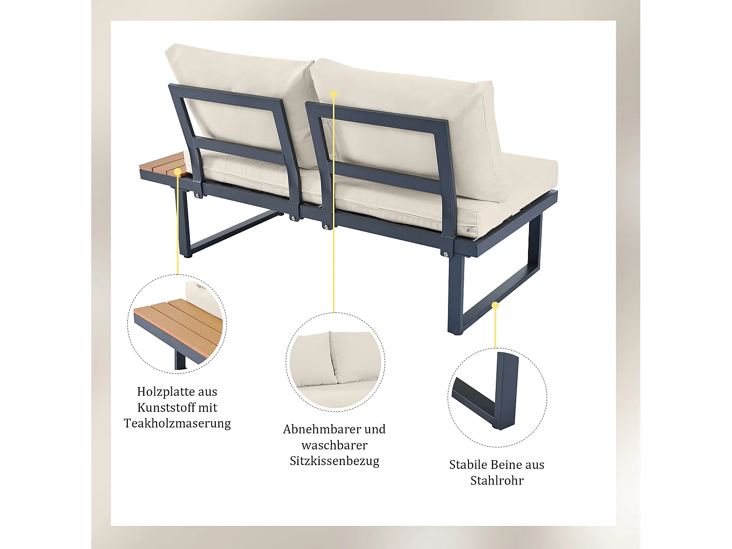 Mobili da giardino angolari in ferro zincato: 1 divano 2 posti + 1 divano 2 posti sollevabile + 1 tavolino - Beige