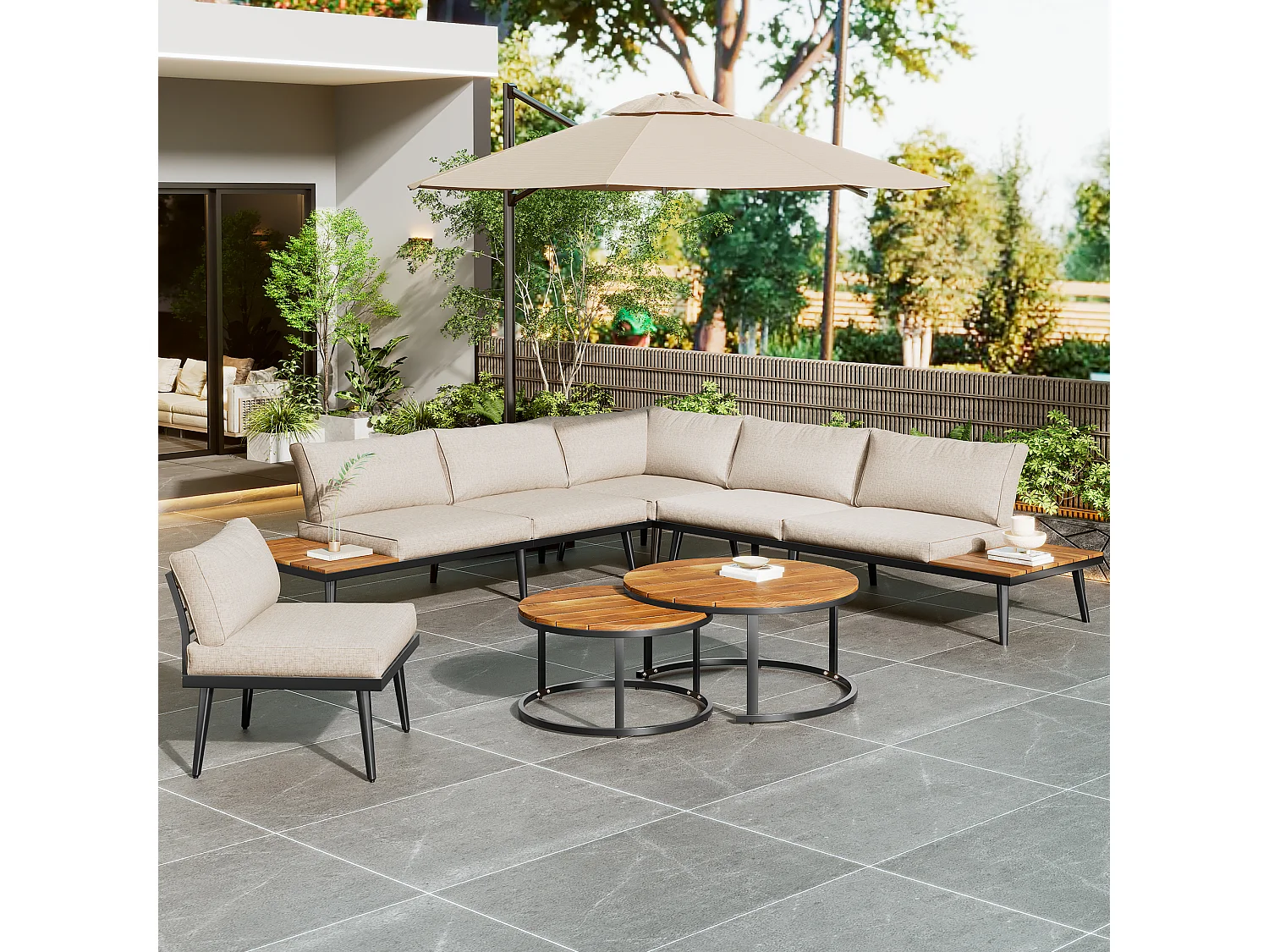 Zestaw mebli ogrodowych modułowych z ocynkowanego żelaza: 2 dwuosobowe sofy + 2 stoliki boczne + składane stoliki kawowe - Beżowy + brązowy