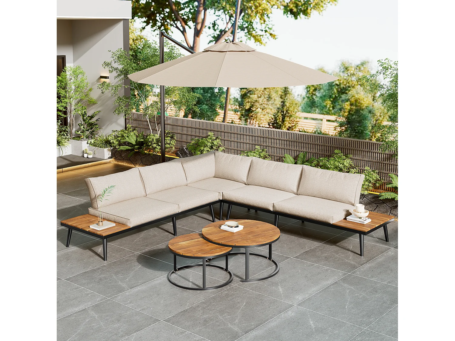 Zestaw mebli ogrodowych modułowych z ocynkowanego żelaza: 2 dwuosobowe sofy + 2 stoliki boczne + składane stoliki kawowe - Beżowy + brązowy