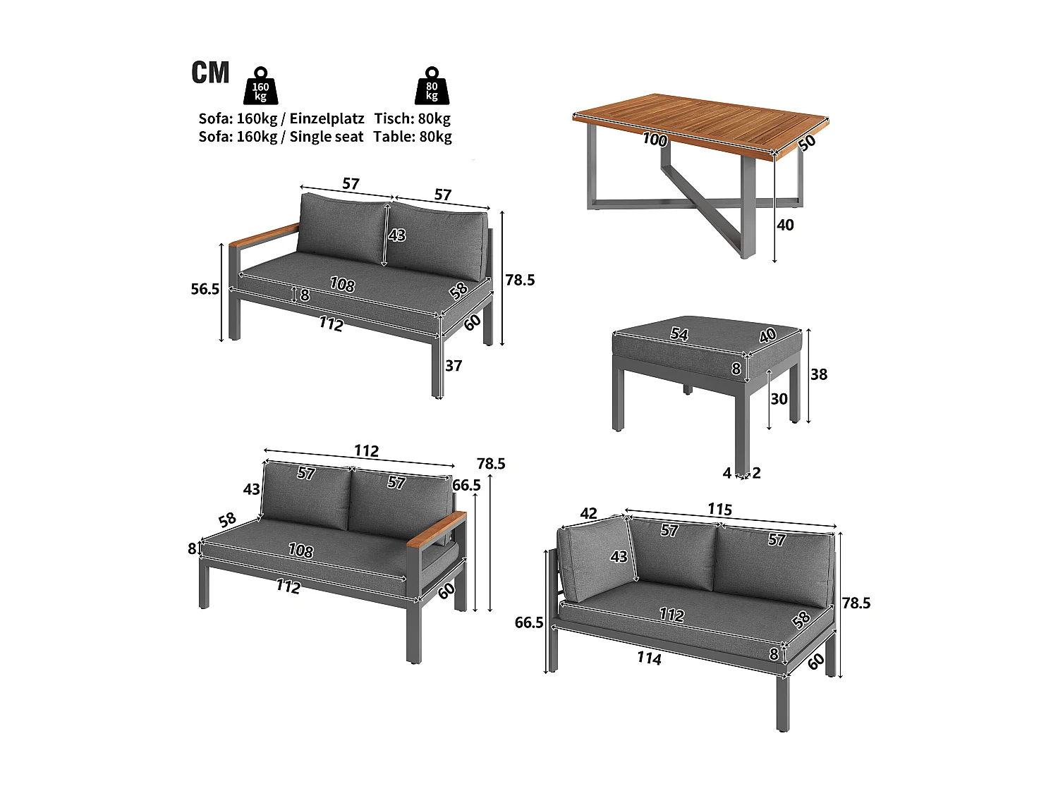 Modulare Gartenmöbel aus verzinktem Eisen: 3 2-Sitzer-Sofas + 2 Bänke + 1 Couchtisch - Grau