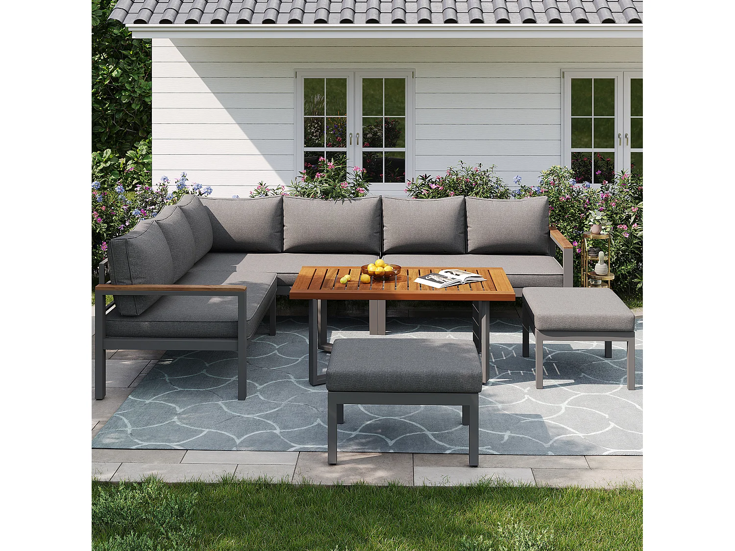 Modulare Gartenmöbel aus verzinktem Eisen: 3 2-Sitzer-Sofas + 2 Bänke + 1 Couchtisch - Grau