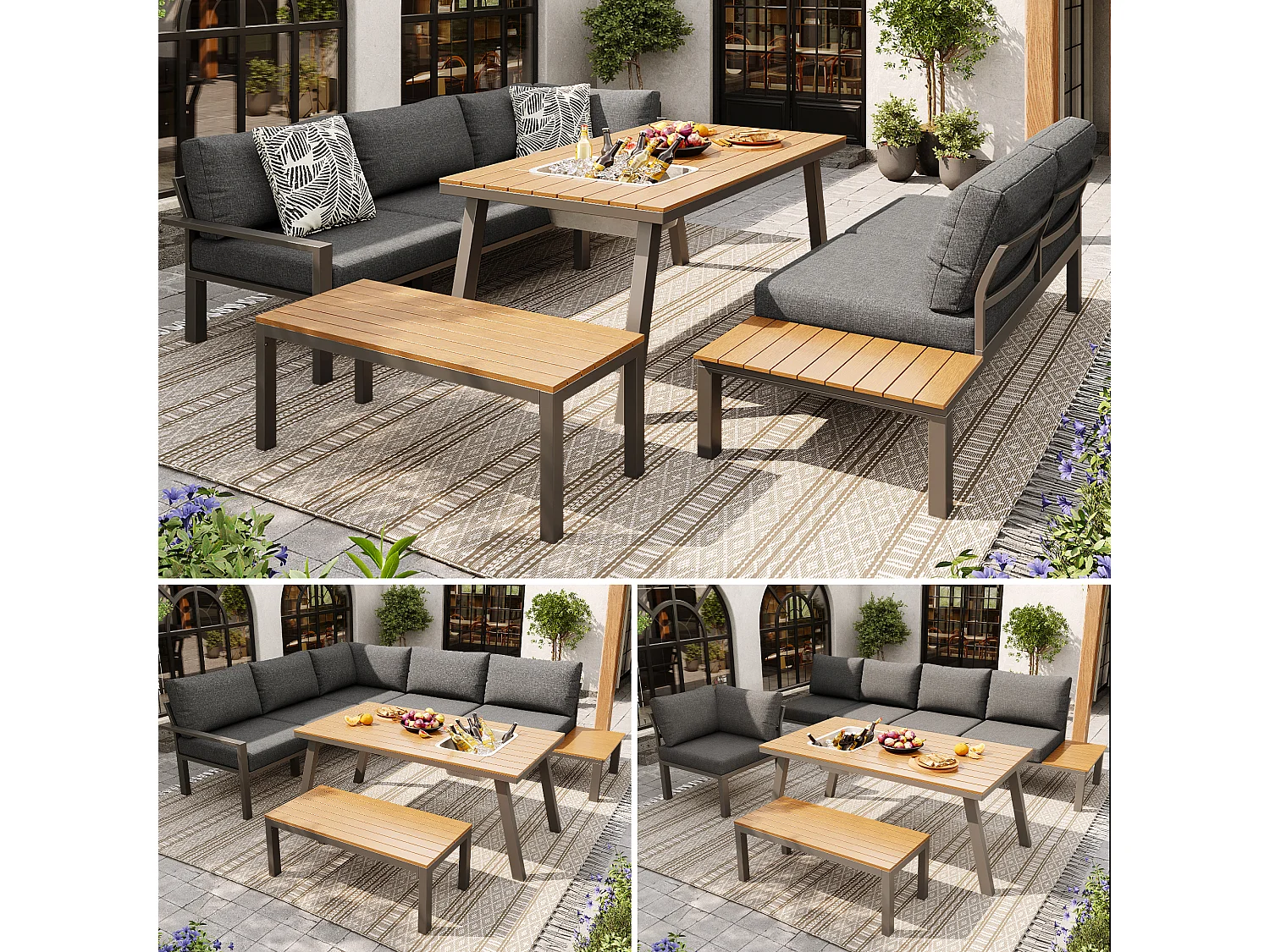 Salon de jardin modulable en fer galvanisé : 1 canapé d'angle 6 places + 1 banc + 1 table à manger - Gris + naturel