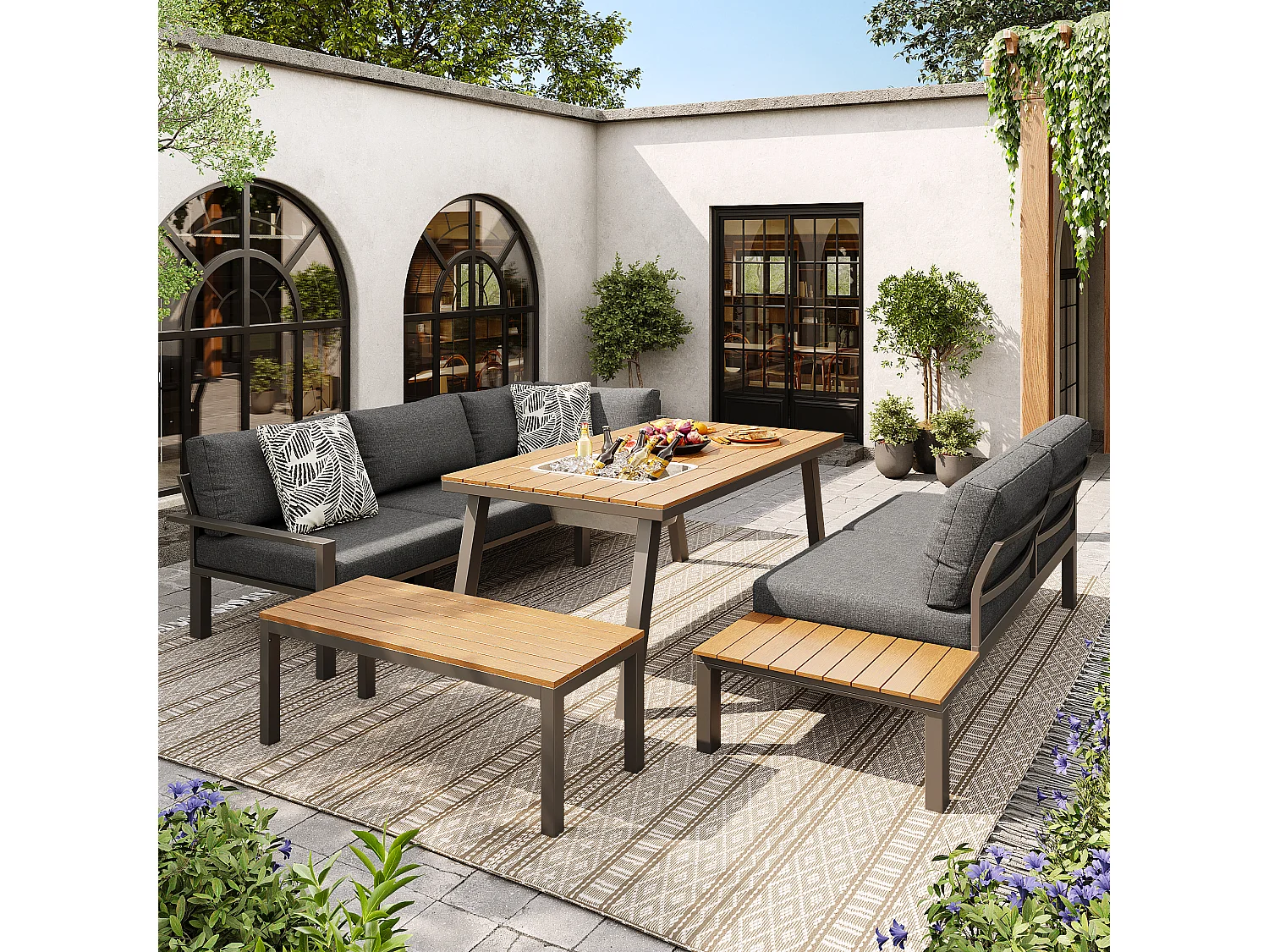 Salon de jardin modulable en fer galvanisé : 1 canapé d'angle 6 places + 1 banc + 1 table à manger - Gris + naturel