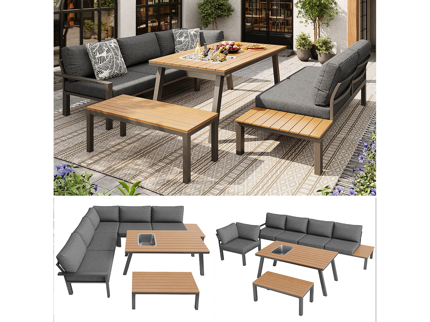 Salon de jardin modulable en fer galvanisé : 1 canapé d'angle 6 places + 1 banc + 1 table à manger - Gris + naturel