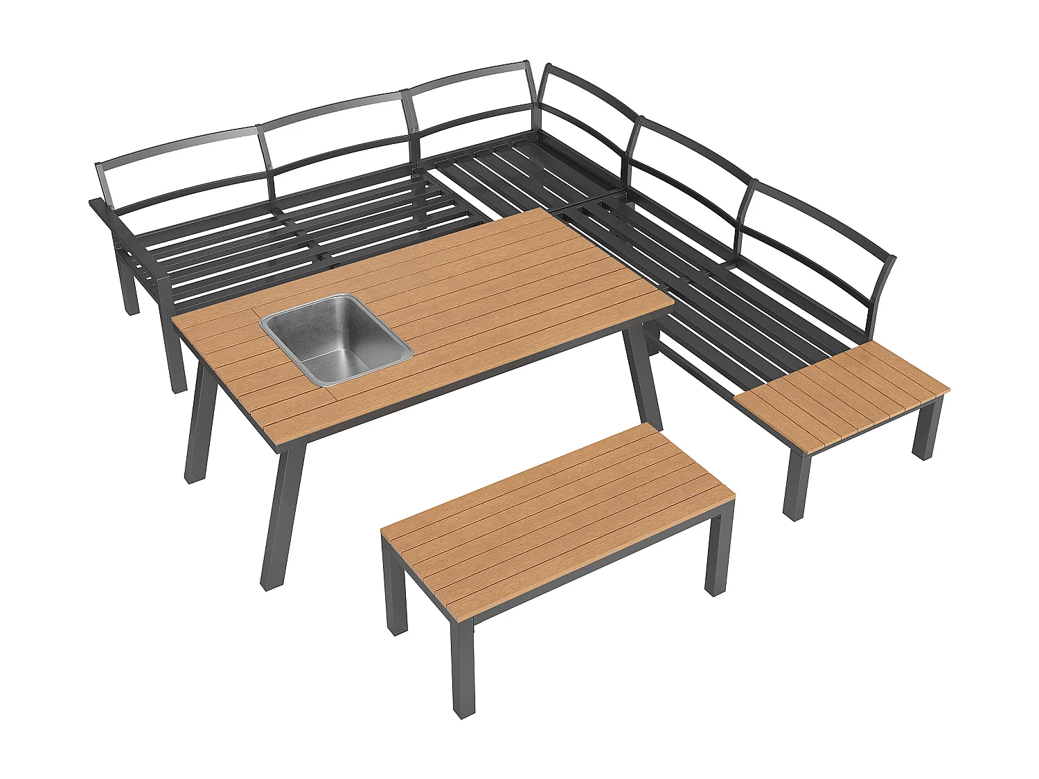 Salon de jardin modulable en fer galvanisé : 1 canapé d'angle 6 places + 1 banc + 1 table à manger - Gris + naturel