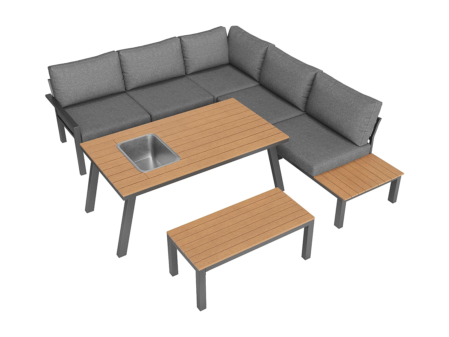 Salon de jardin modulable en fer galvanisé : 1 canapé d'angle 6 places + 1 banc + 1 table à manger - Gris + naturel