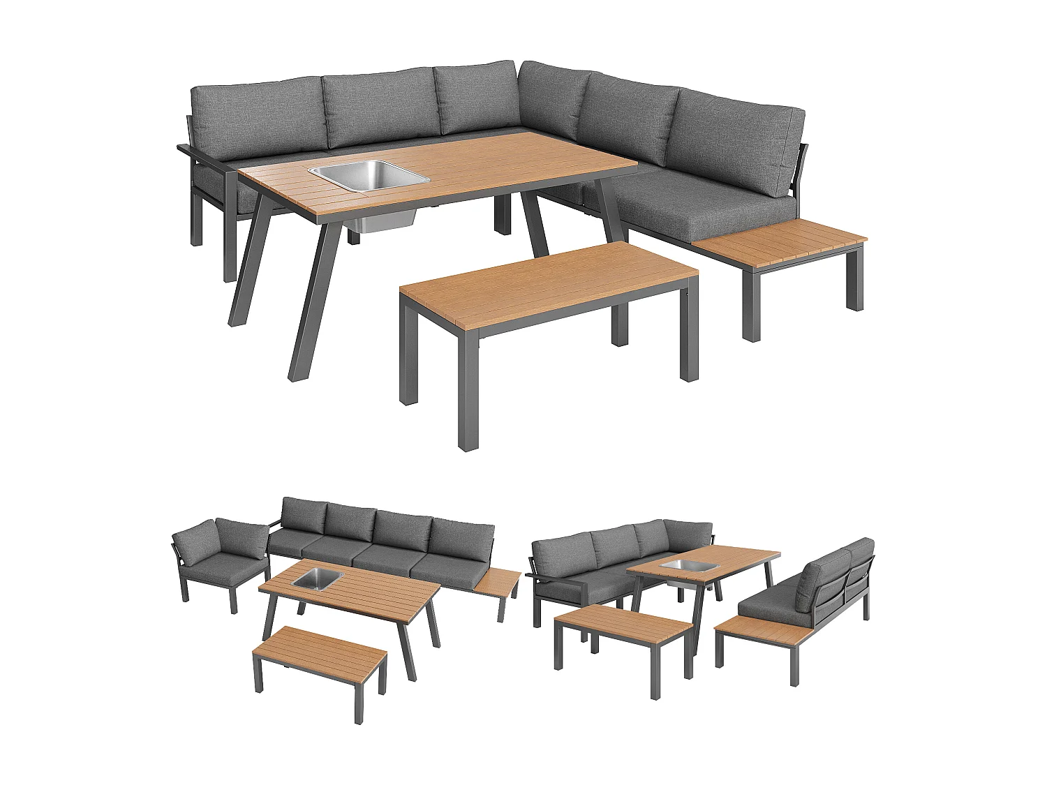 Salon de jardin modulable en fer galvanisé : 1 canapé d'angle 6 places + 1 banc + 1 table à manger - Gris + naturel