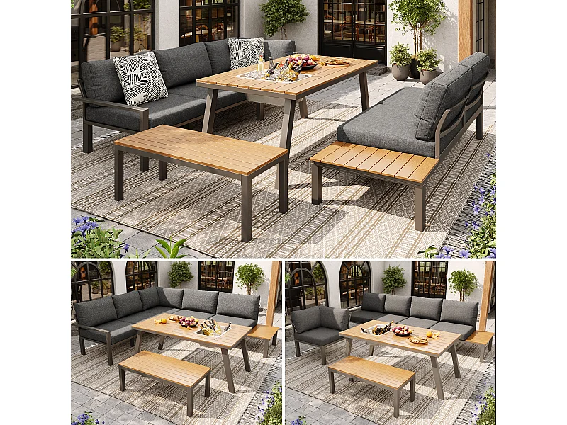 Salon de jardin modulable en fer galvanisé : 1 canapé d'angle 6 places + 1 banc + 1 table à manger - Gris + naturel