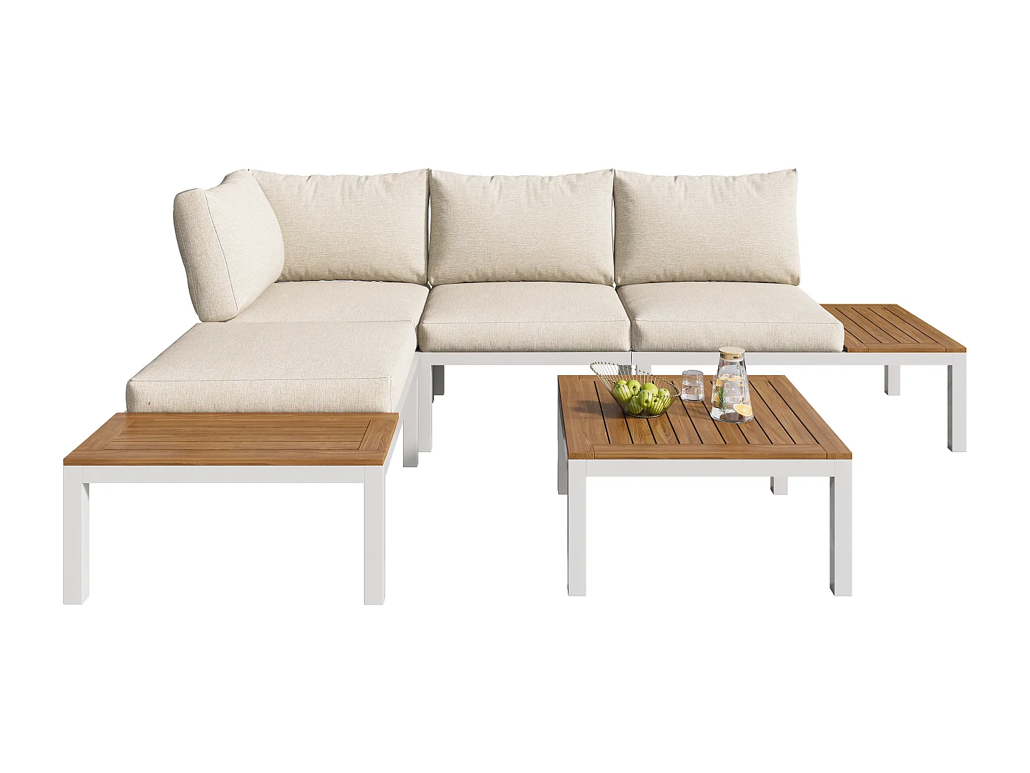 Modulaire tuinmeubelen in acaciahout: 1 hoekbank + 2 bijzettafels + 1 salontafel - Beige + bruin