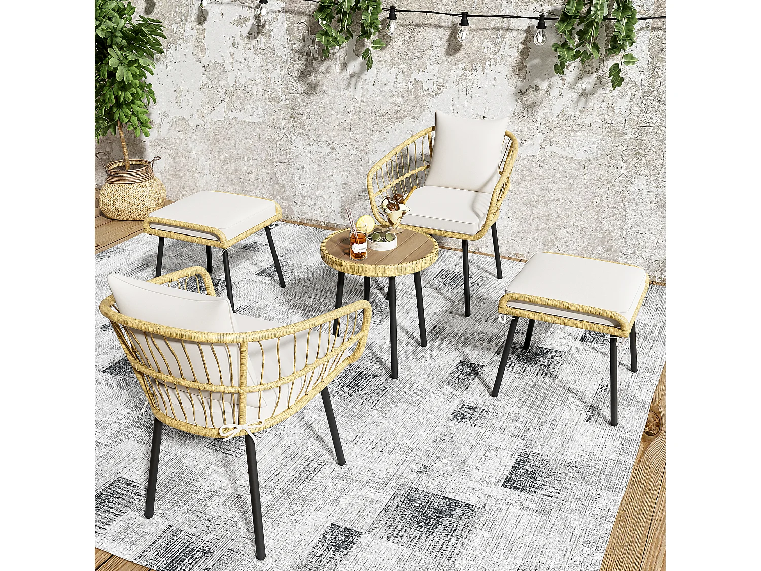 Salon de jardin 5 pièces: 1 table basse + 2 chaises + 2 tabourets - Rotin et métal - Naturel