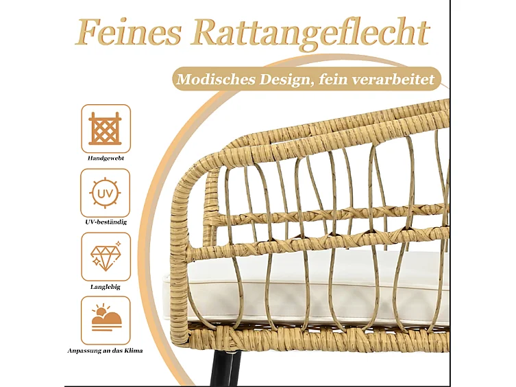 Salon de jardin 5 pièces: 1 table basse + 2 chaises + 2 tabourets - Rotin et métal - Naturel