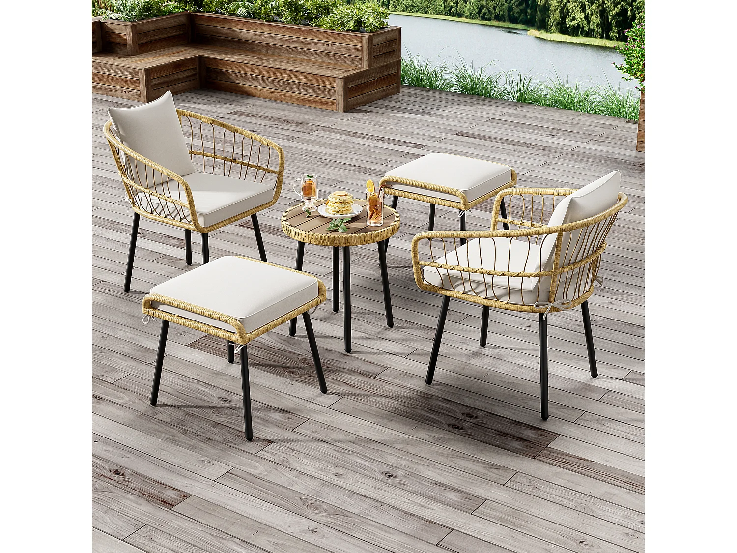 Salon de jardin 5 pièces: 1 table basse + 2 chaises + 2 tabourets - Rotin et métal - Naturel