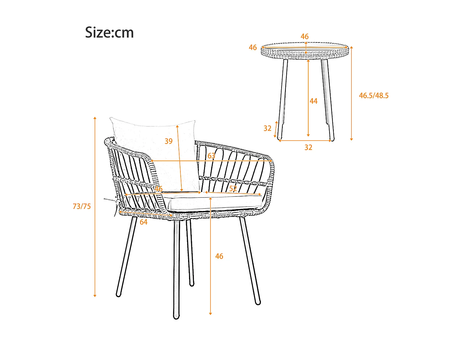Salon de jardin 5 pièces: 1 table basse + 2 chaises + 2 tabourets - Rotin et métal - Naturel