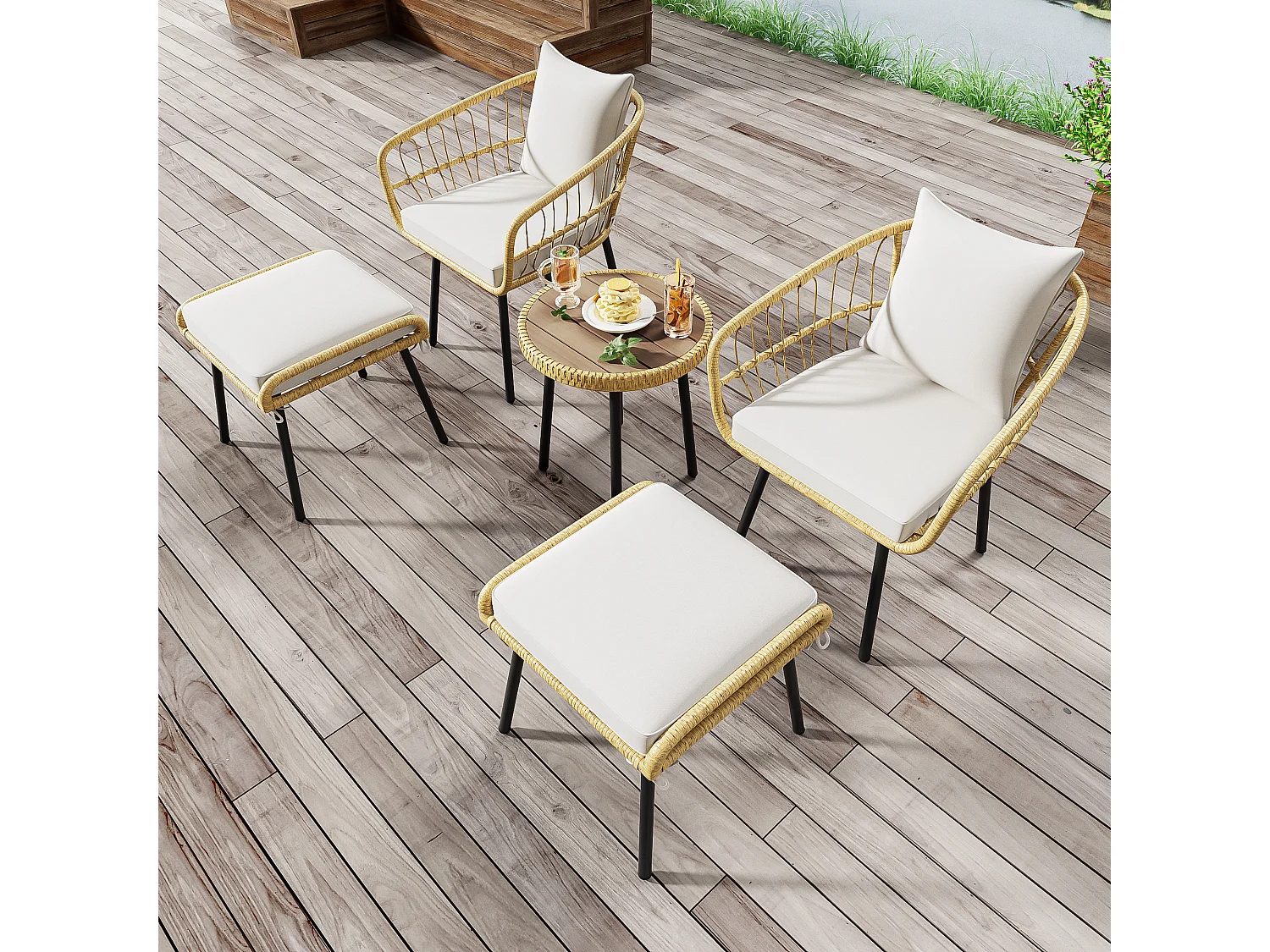 Salon de jardin 5 pièces: 1 table basse + 2 chaises + 2 tabourets - Rotin et métal - Naturel