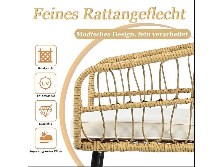 Salon de jardin 5 pièces: 1 table basse + 2 chaises + 2 tabourets - Rotin et métal - Naturel