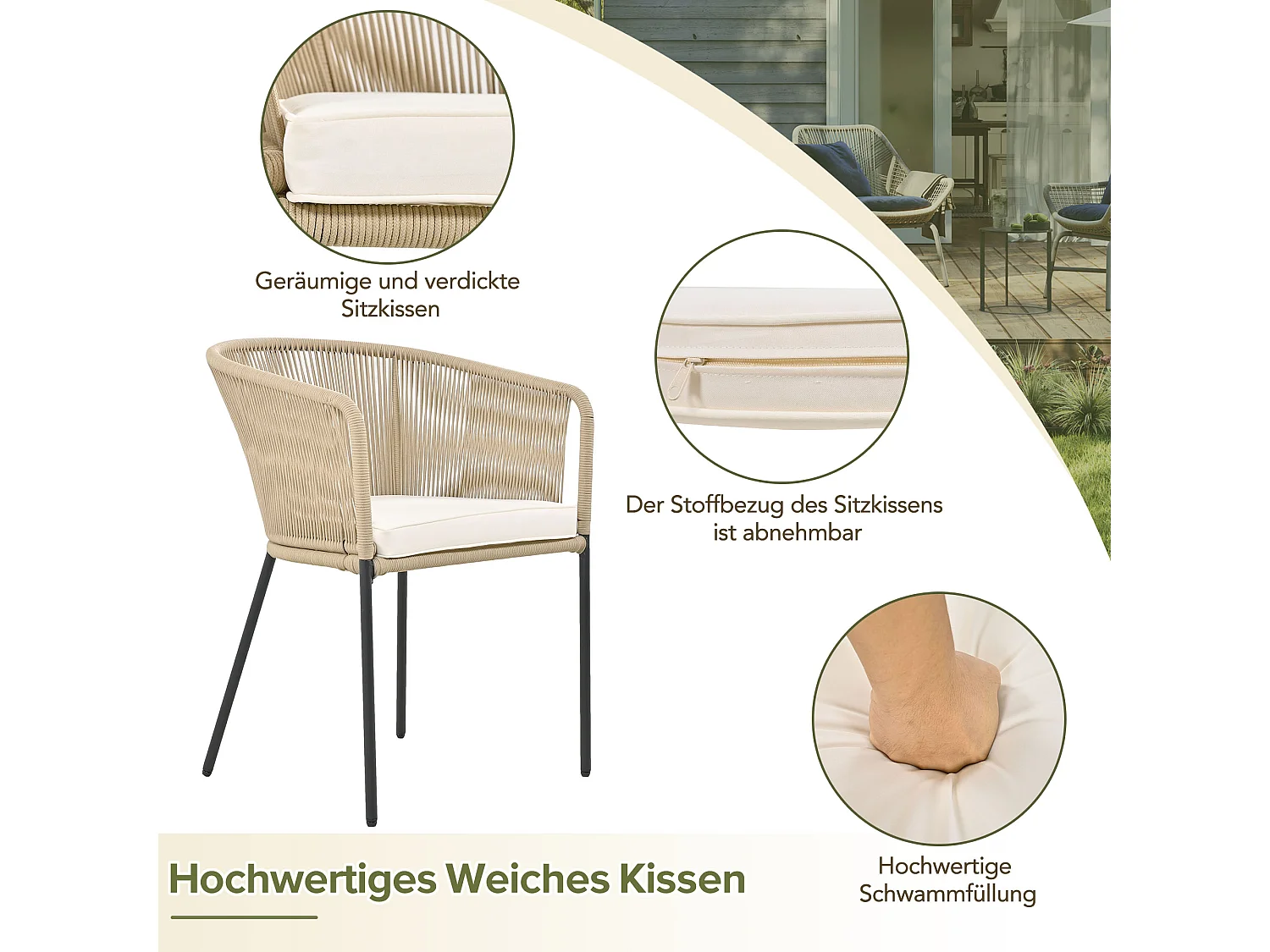 Gartenmöbel: 6 Metallsessel + 1 Esstisch aus Akazienholz + 6 Sitzkissen - Beige