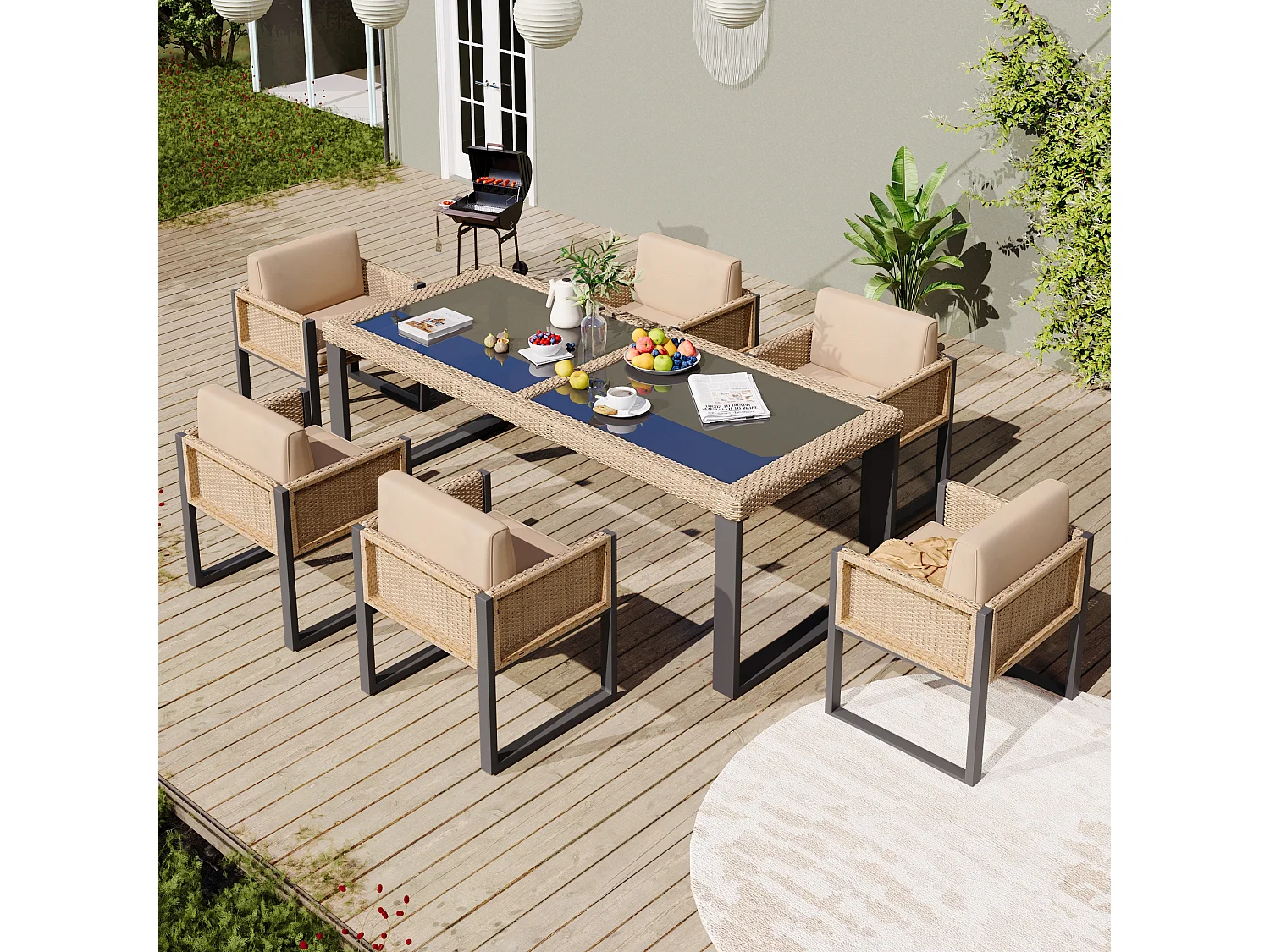 Ensemble table et 6 chaises de jardin en polyrotin - Acier galvanisé, rotin PE, verre trempé - Marron + noir