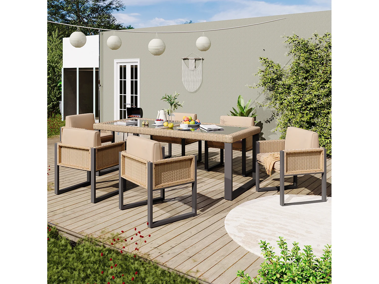 Ensemble table et 6 chaises de jardin en polyrotin - Acier galvanisé, rotin PE, verre trempé - Marron + noir