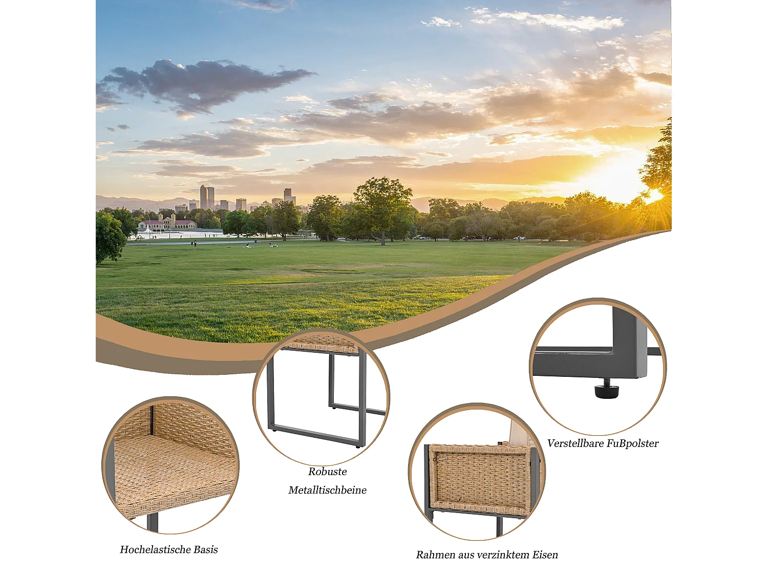 Ensemble table et 6 chaises de jardin en polyrotin - Acier galvanisé, rotin PE, verre trempé - Marron + noir