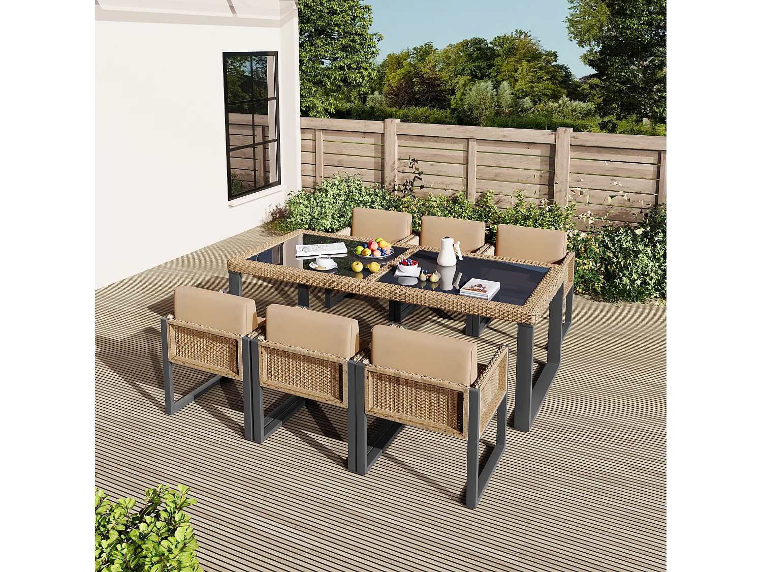 Ensemble table et 6 chaises de jardin en polyrotin - Acier galvanisé, rotin PE, verre trempé - Marron + noir