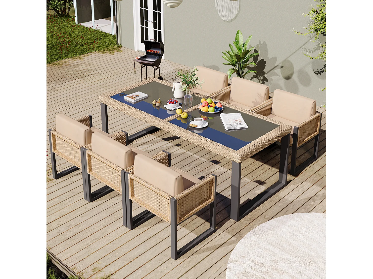 Ensemble table et 6 chaises de jardin en polyrotin - Acier galvanisé, rotin PE, verre trempé - Marron + noir