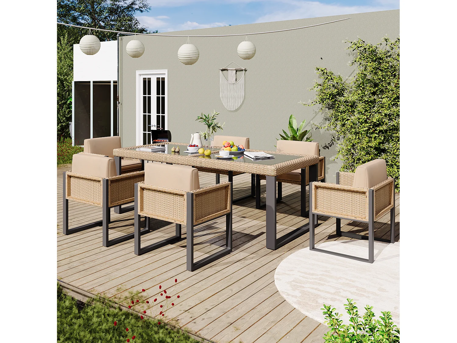 Ensemble table et 6 chaises de jardin en polyrotin - Acier galvanisé, rotin PE, verre trempé - Marron + noir