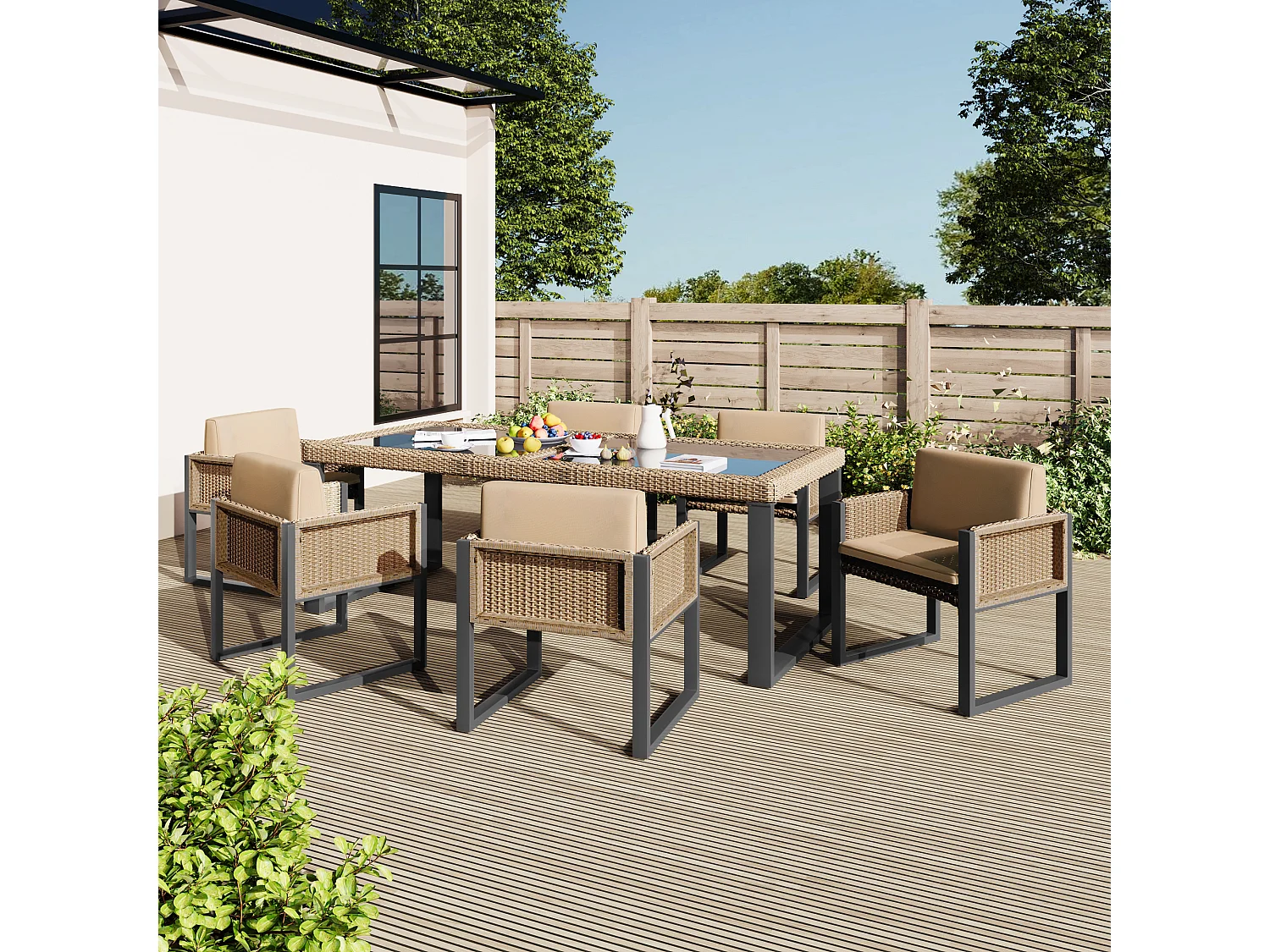 Ensemble table et 6 chaises de jardin en polyrotin - Acier galvanisé, rotin PE, verre trempé - Marron + noir