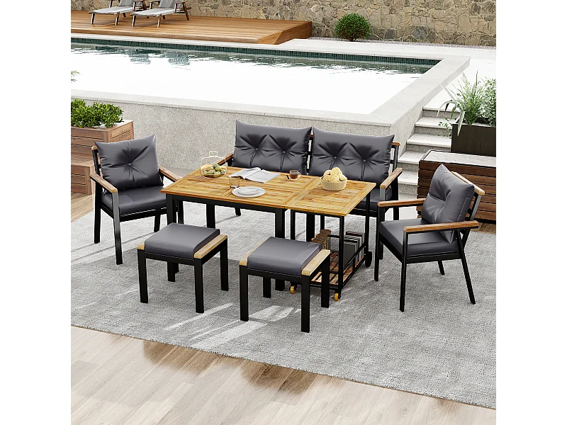 Metalen tuintafel en stoelenset - 1 2-zitsbank + 2 fauteuils + 2 krukken + 2 salontafels - Zwart, grijs en naturel