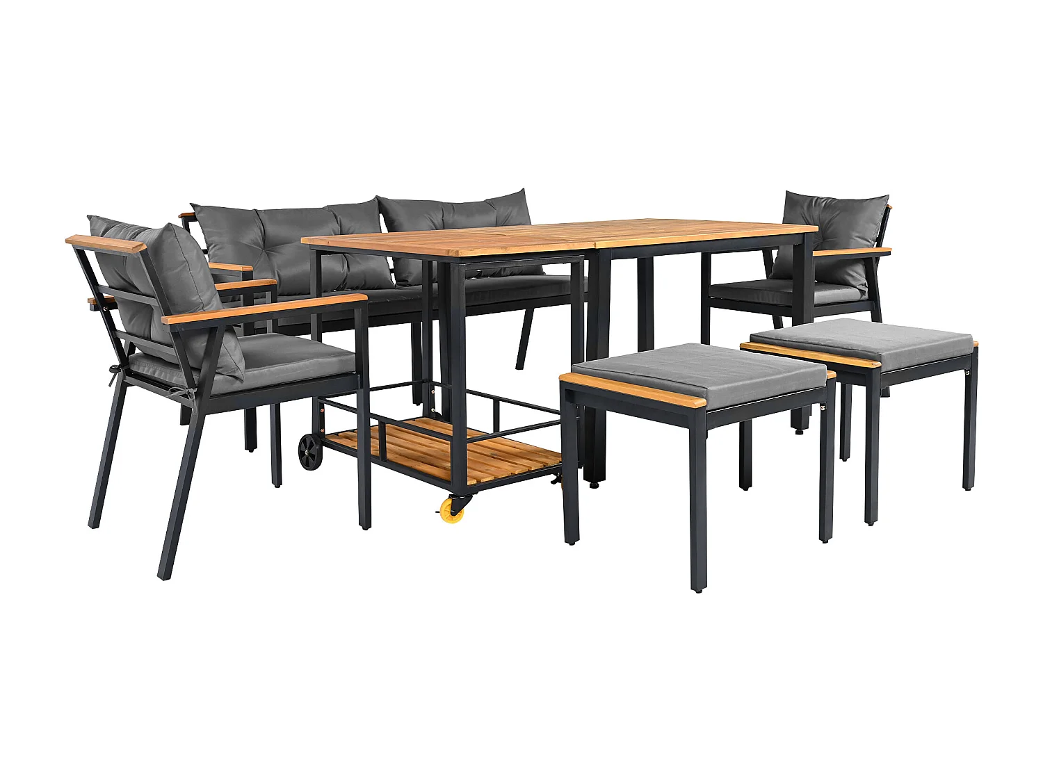 Metalen tuintafel en stoelenset - 1 2-zitsbank + 2 fauteuils + 2 krukken + 2 salontafels - Zwart, grijs en naturel