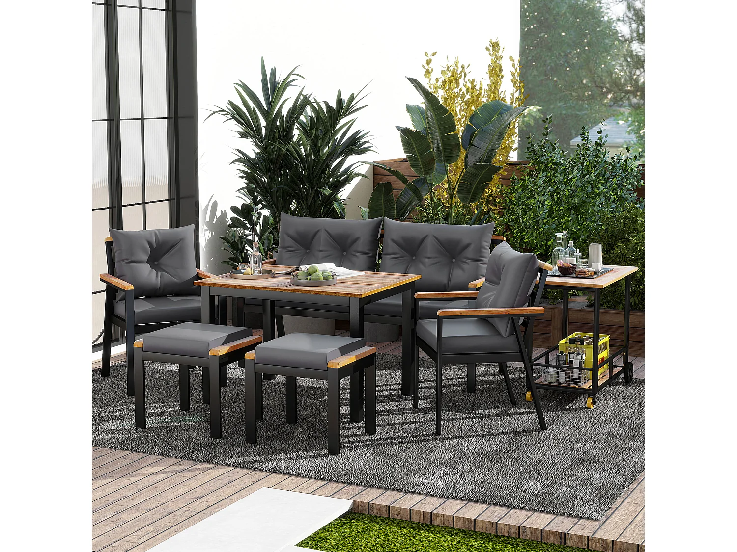 Metalen tuintafel en stoelenset - 1 2-zitsbank + 2 fauteuils + 2 krukken + 2 salontafels - Zwart, grijs en naturel