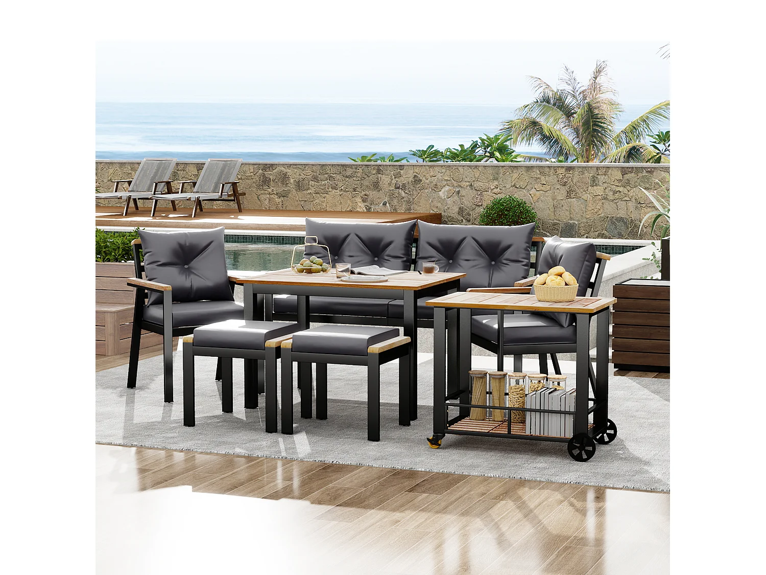 Metalen tuintafel en stoelenset - 1 2-zitsbank + 2 fauteuils + 2 krukken + 2 salontafels - Zwart, grijs en naturel