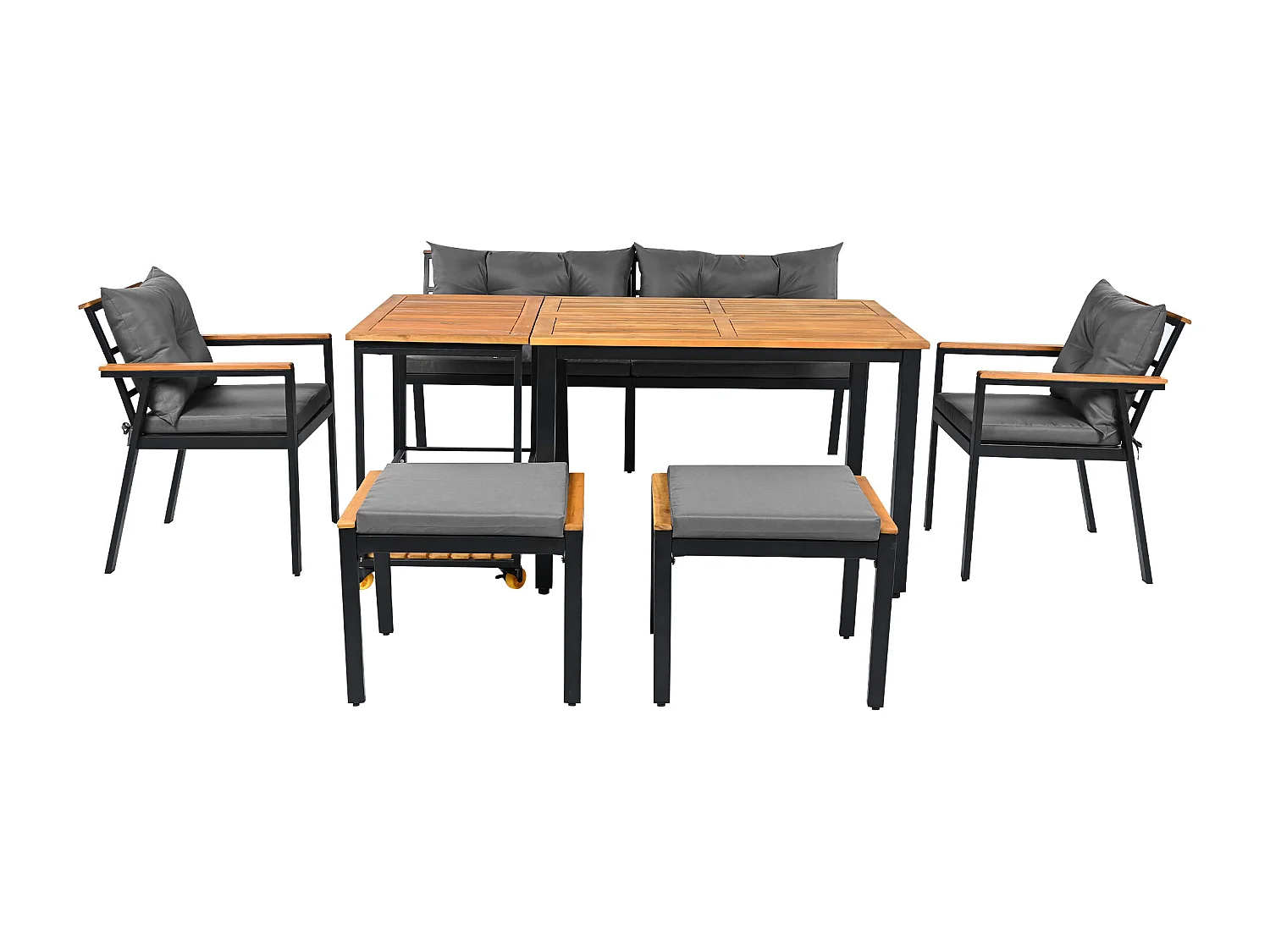 Metalen tuintafel en stoelenset - 1 2-zitsbank + 2 fauteuils + 2 krukken + 2 salontafels - Zwart, grijs en naturel