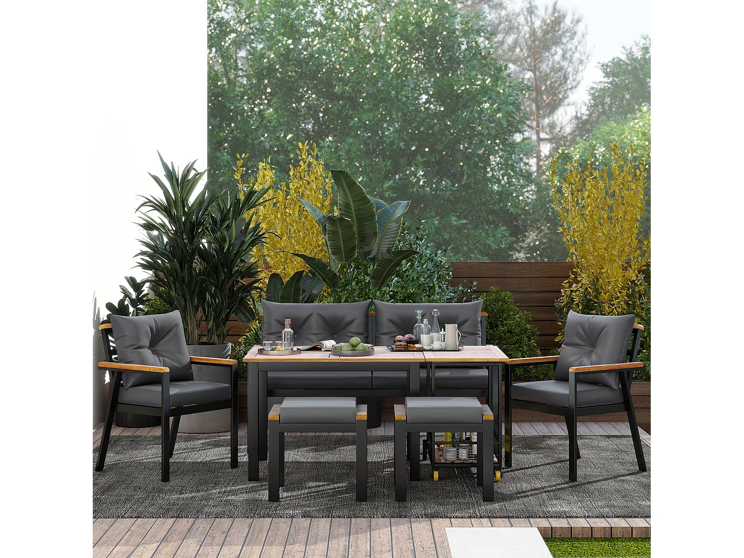 Metalen tuintafel en stoelenset - 1 2-zitsbank + 2 fauteuils + 2 krukken + 2 salontafels - Zwart, grijs en naturel