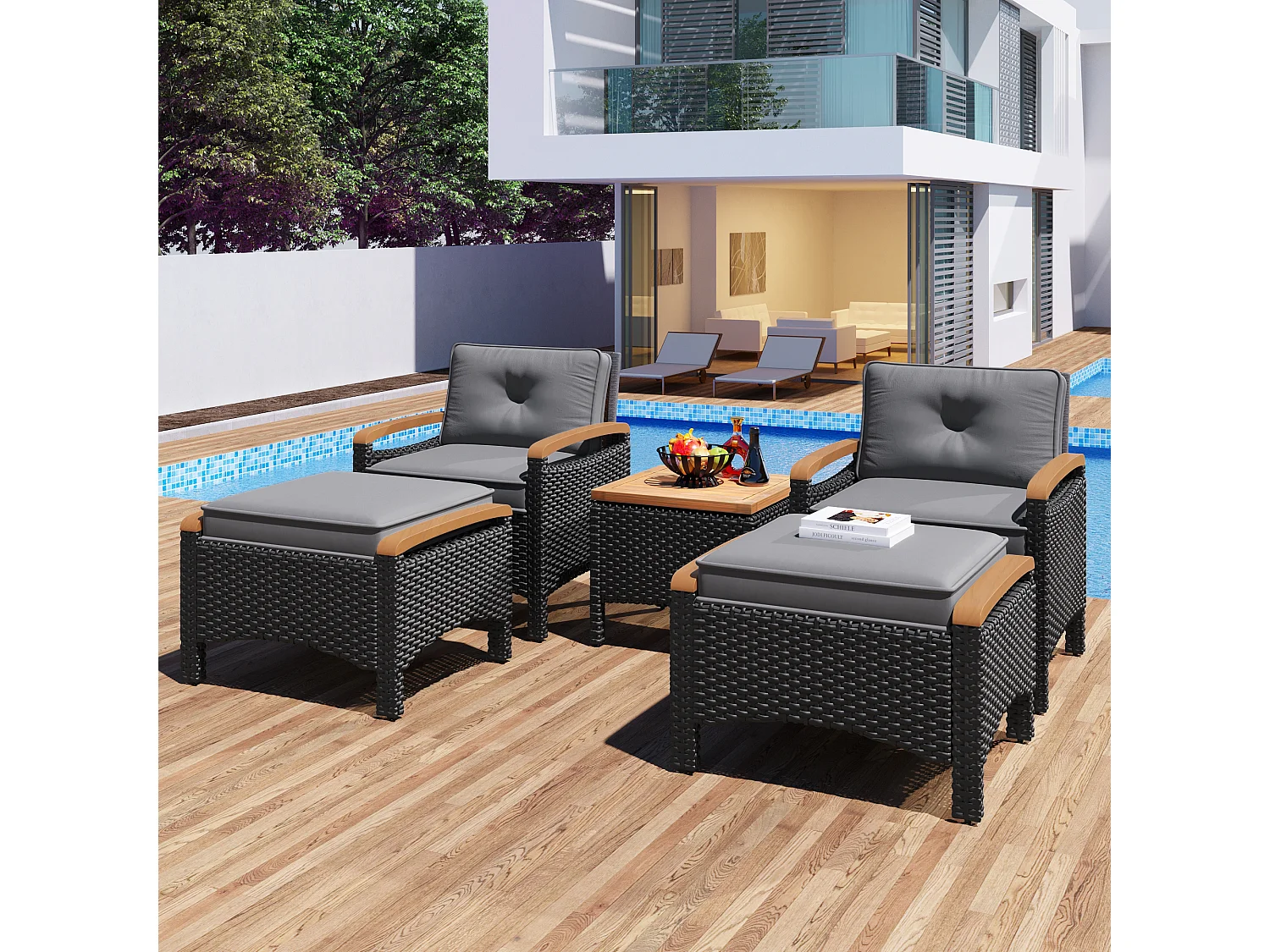 Zestaw mebli ogrodowych 5-częściowy: 1 stolik kawowy + 2 krzesła + 2 stołki - Drewno rattanowe i akacjowe - Szary + czarny
