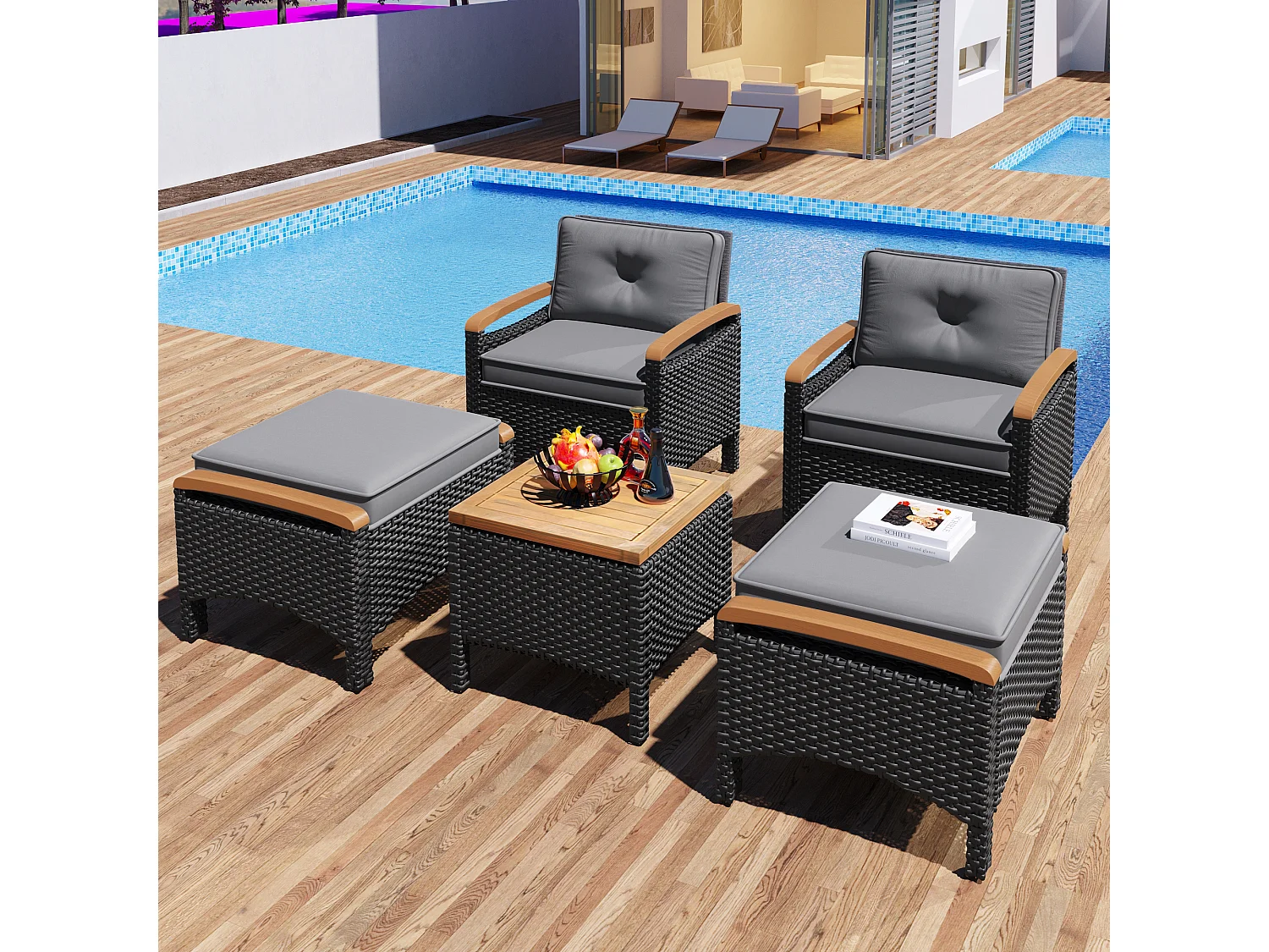 Zestaw mebli ogrodowych 5-częściowy: 1 stolik kawowy + 2 krzesła + 2 stołki - Drewno rattanowe i akacjowe - Szary + czarny