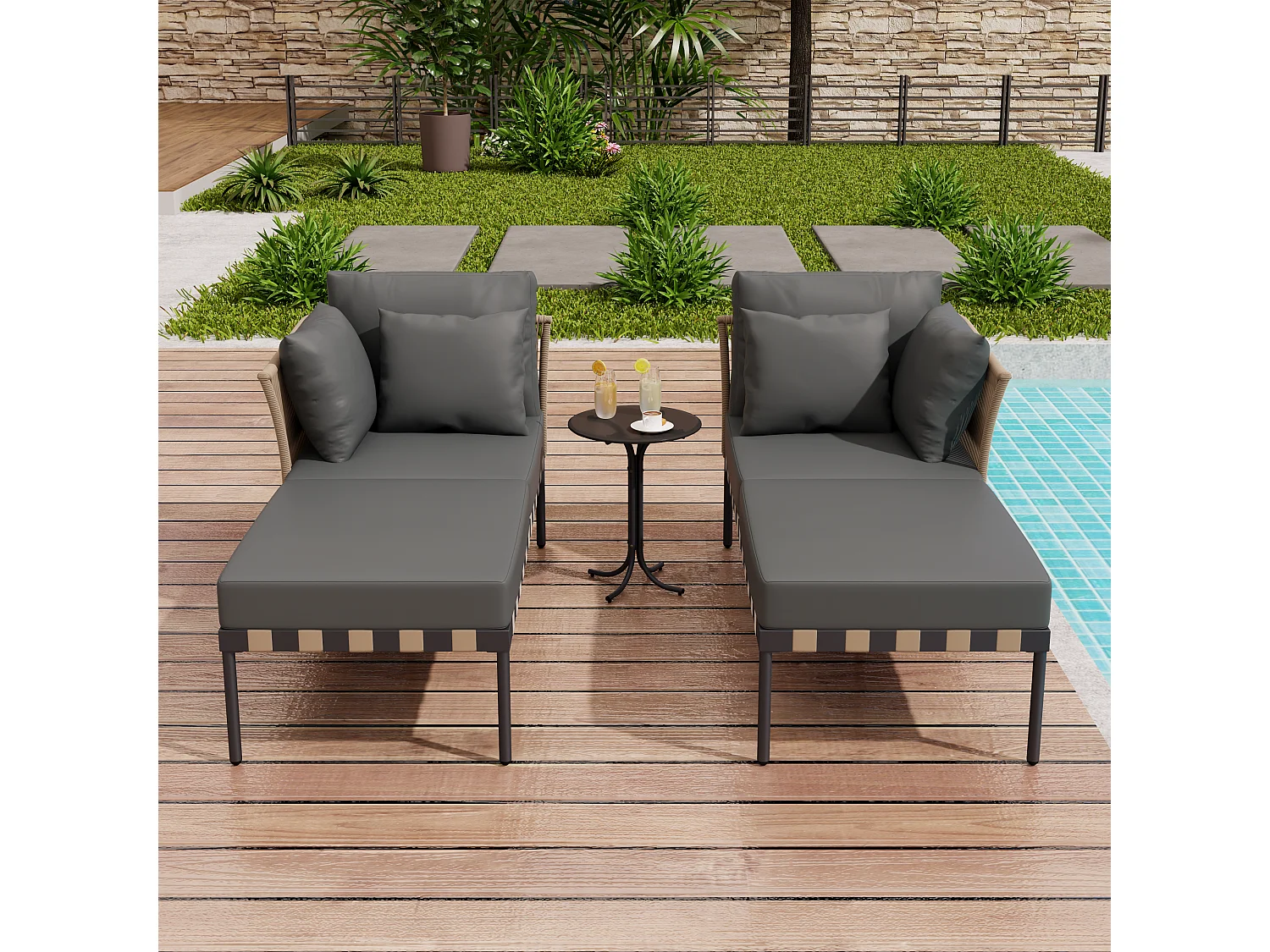 2-zits tuinmeubelset met 1 salontafel - Buiten daybed - Rotan + metaal + gevlochten touw - Grijs + zwart