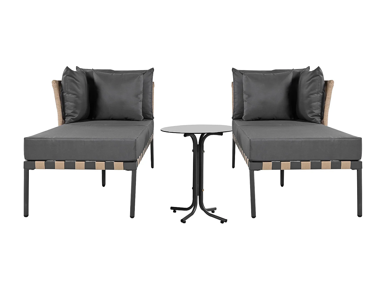 2-zits tuinmeubelset met 1 salontafel - Buiten daybed - Rotan + metaal + gevlochten touw - Grijs + zwart