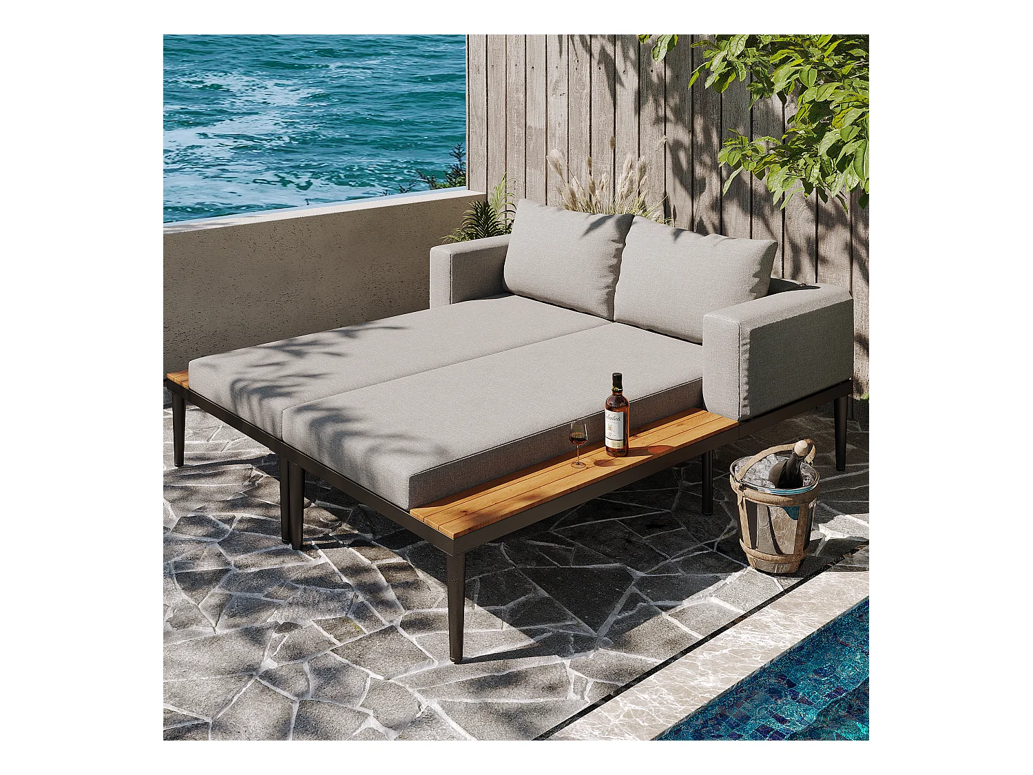 Lit de repos d'extérieur 2 places, salon de jardin - Métal + polyester - Coussins inclus - Gris