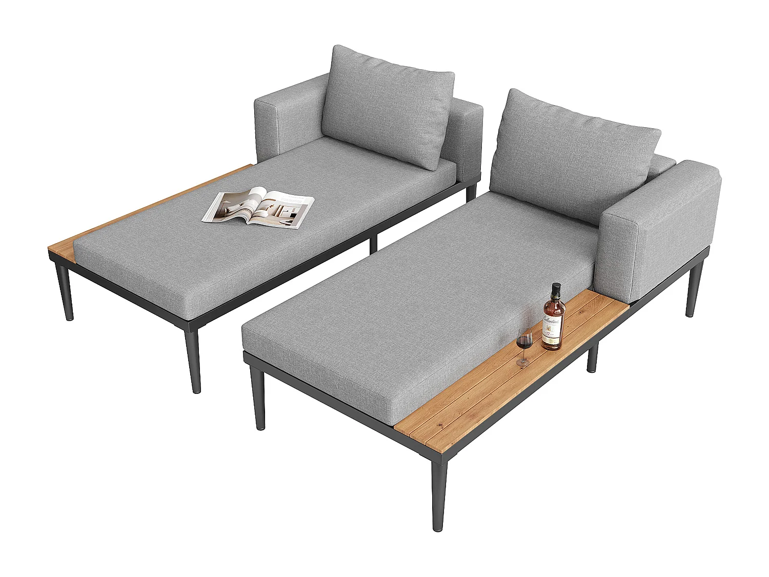 Lit de repos d'extérieur 2 places, salon de jardin - Métal + polyester - Coussins inclus - Gris