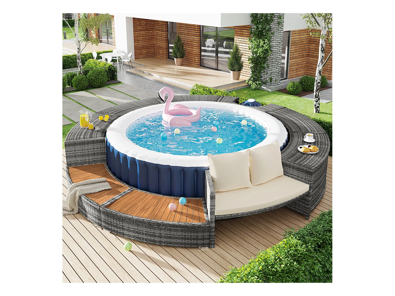 Salon de jardin avec canapé rond en résine tressé - espace de rangement - Gris ( piscine non inclus )