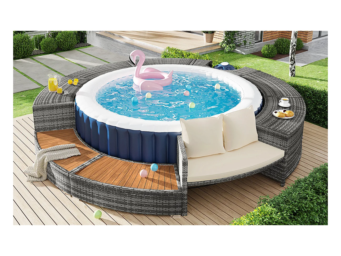 Salon de jardin avec canapé rond en résine tressé - espace de rangement - Gris ( piscine non inclus )