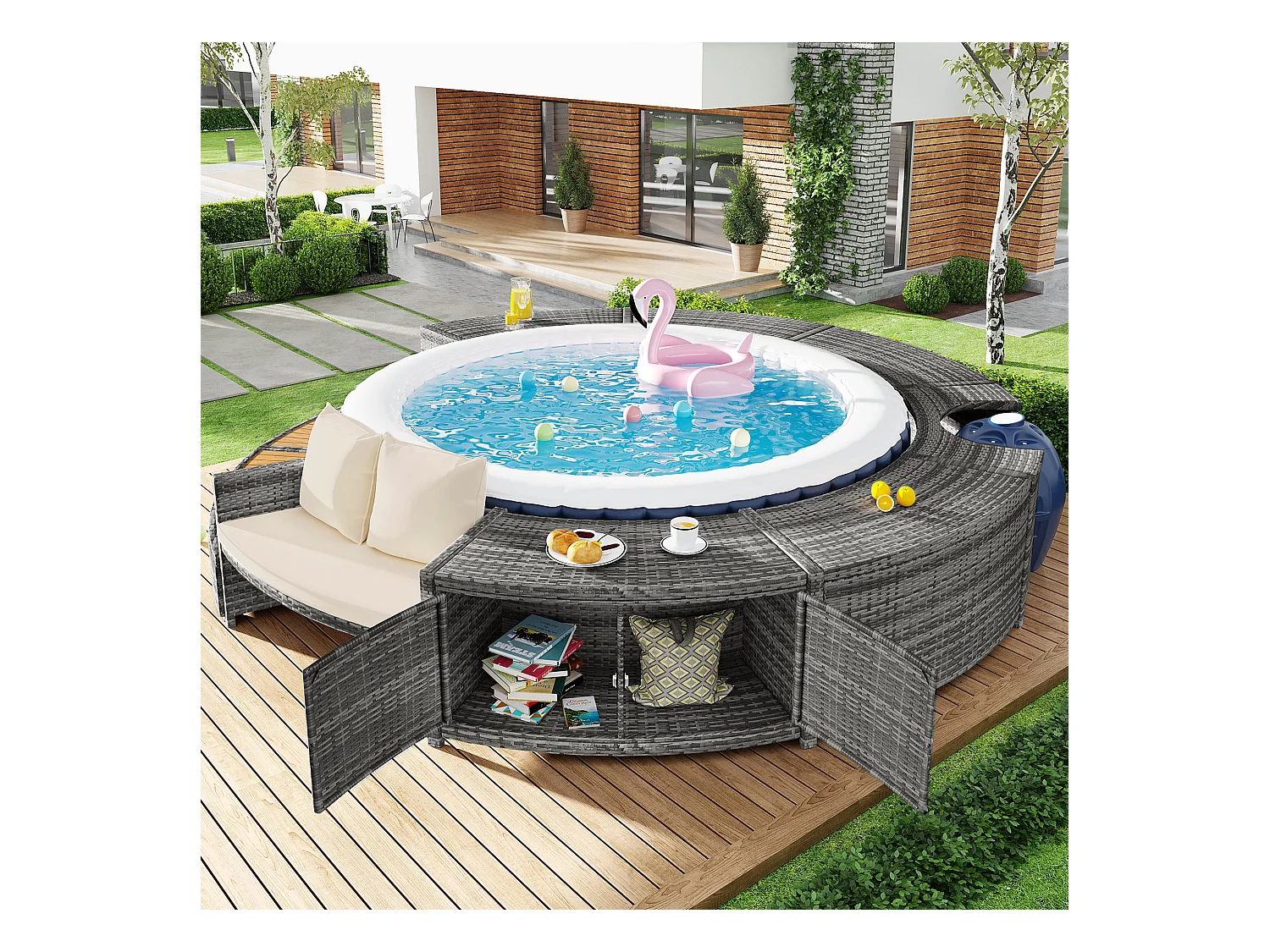 Salon de jardin avec canapé rond en résine tressé - espace de rangement - Gris ( piscine non inclus )