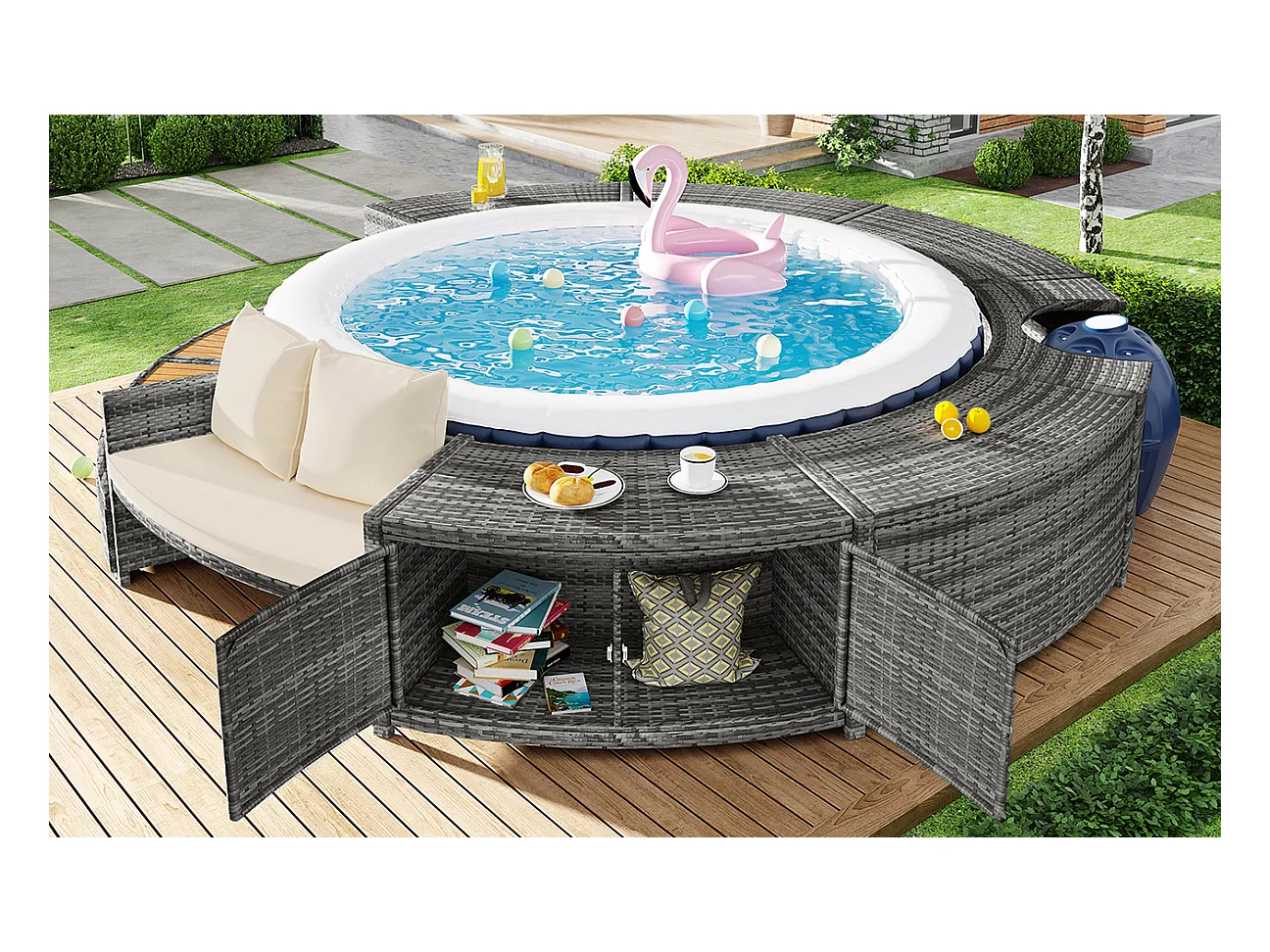 Salon de jardin avec canapé rond en résine tressé - espace de rangement - Gris ( piscine non inclus )