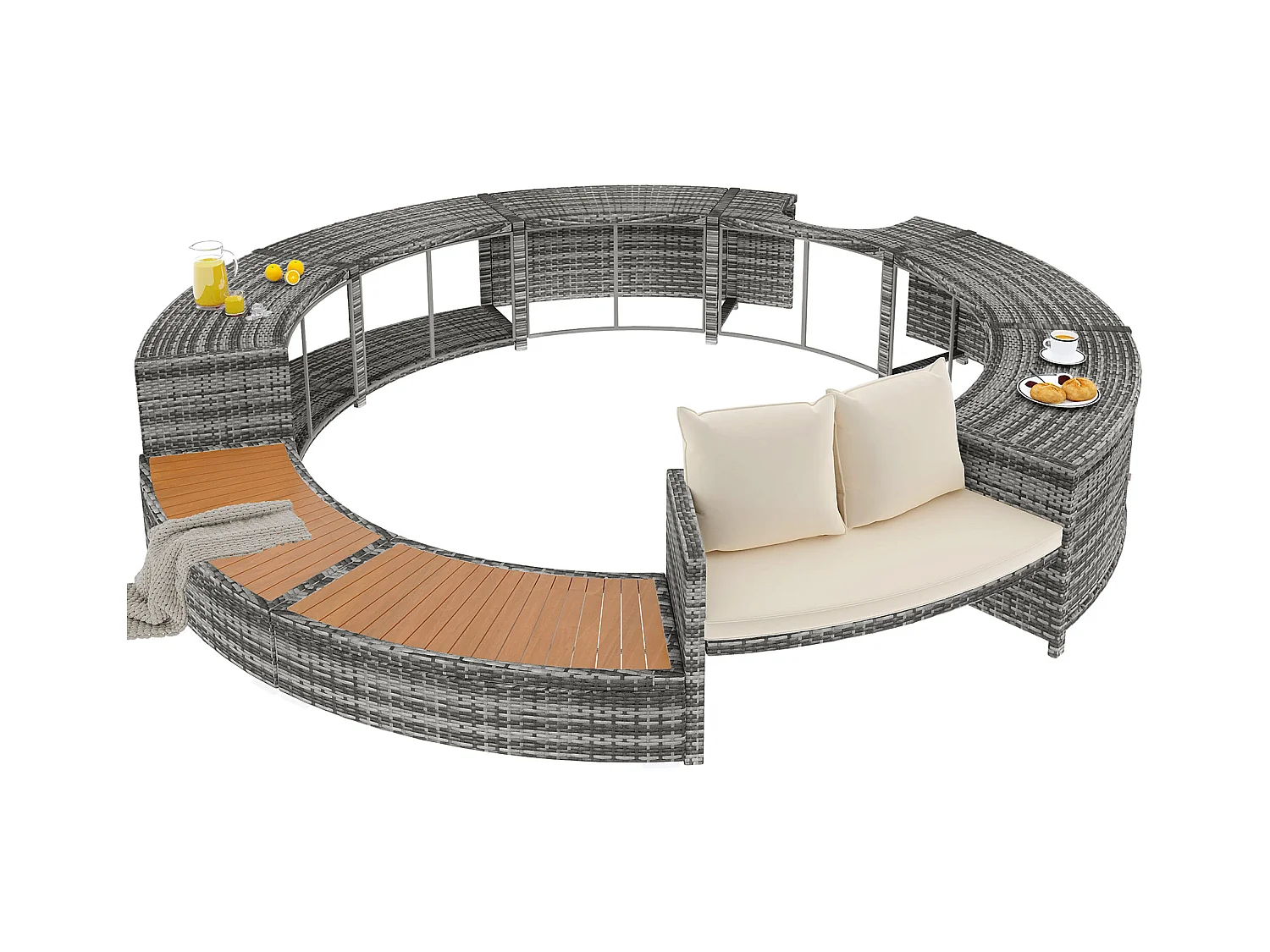 Salon de jardin avec canapé rond en résine tressé - espace de rangement - Gris ( piscine non inclus )