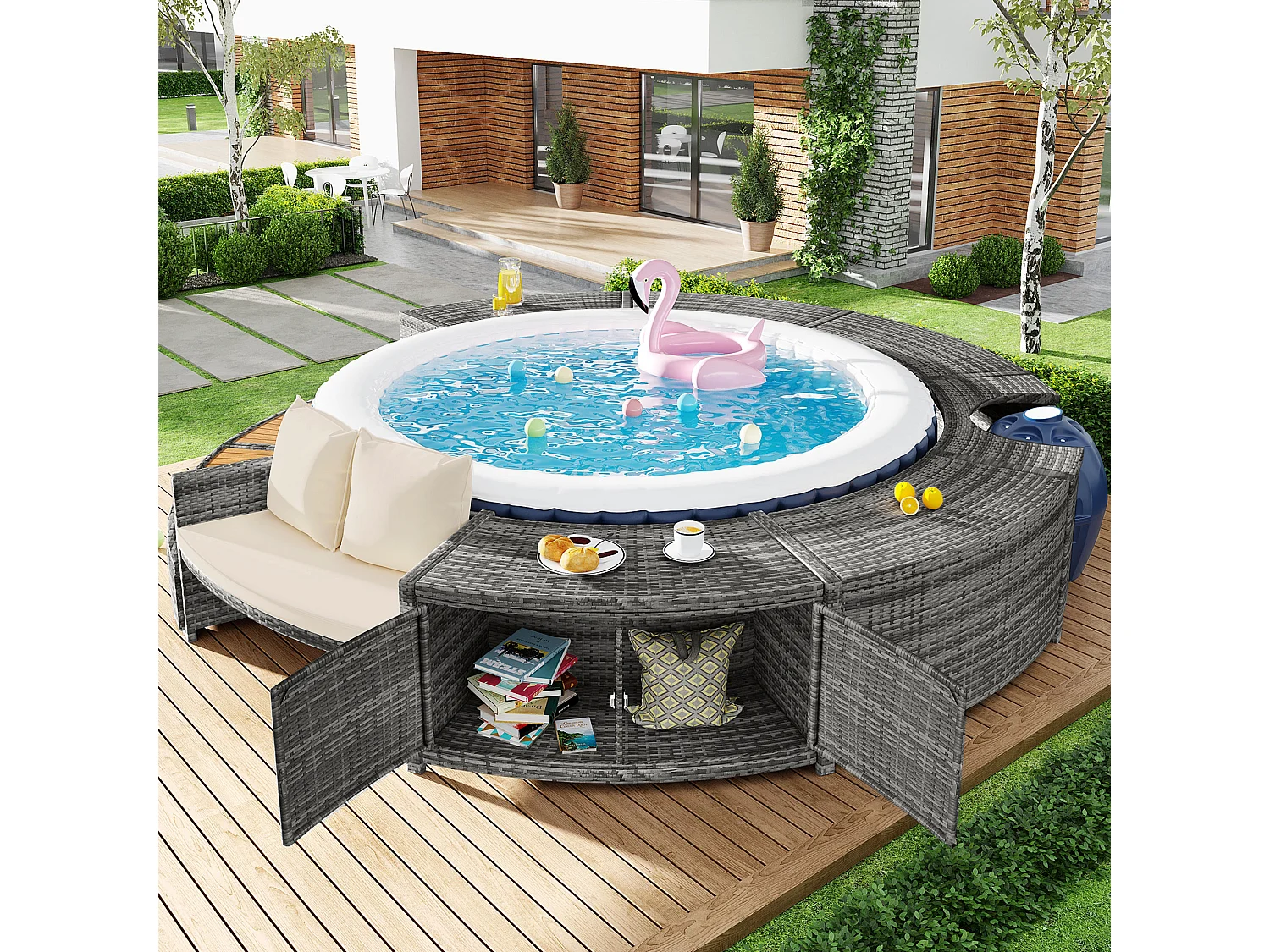 Salon de jardin avec canapé rond en résine tressé - espace de rangement - Gris ( piscine non inclus )