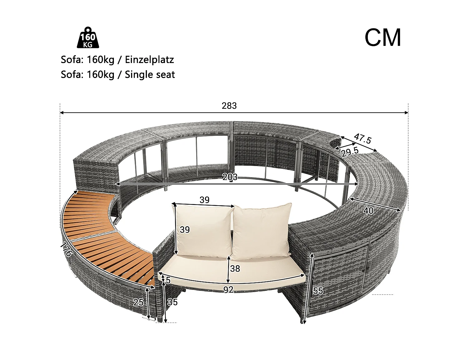 Salon de jardin avec canapé rond en résine tressé - espace de rangement - Gris ( piscine non inclus )