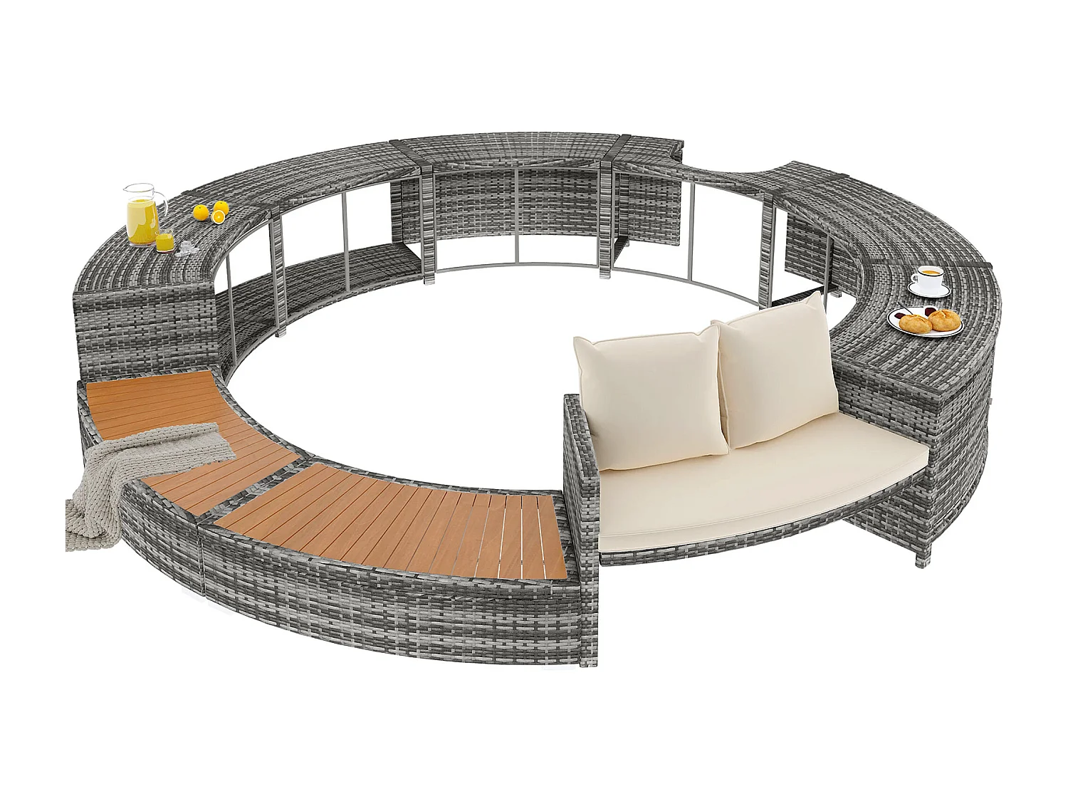 Salon de jardin avec canapé rond en résine tressé - espace de rangement - Gris ( piscine non inclus )